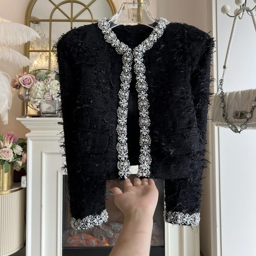 台湾货2025年秋冬新款流苏粗花毛呢外套重工镶钻小香风气质开衫女