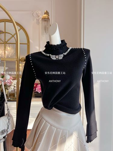 小香风法式小众气质黑色针织衫女设计感重工钉珠木耳边打底衫毛衣