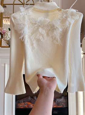 法式小众甜美针织衫女挂脖性感立体几何镂空喇叭袖修身显瘦打底衫