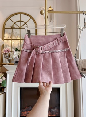 2025年秋冬原创重工镶钻百褶裙女装高腰显瘦皮裙百搭不规则半身裙