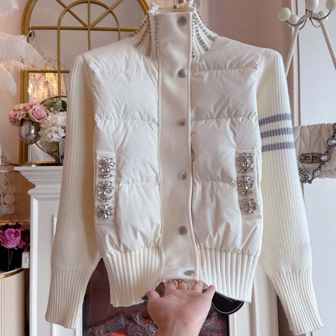 2025韩国设计感秋冬重工镶钻针织拼接袖口棉袄开衫短款棉服外套女