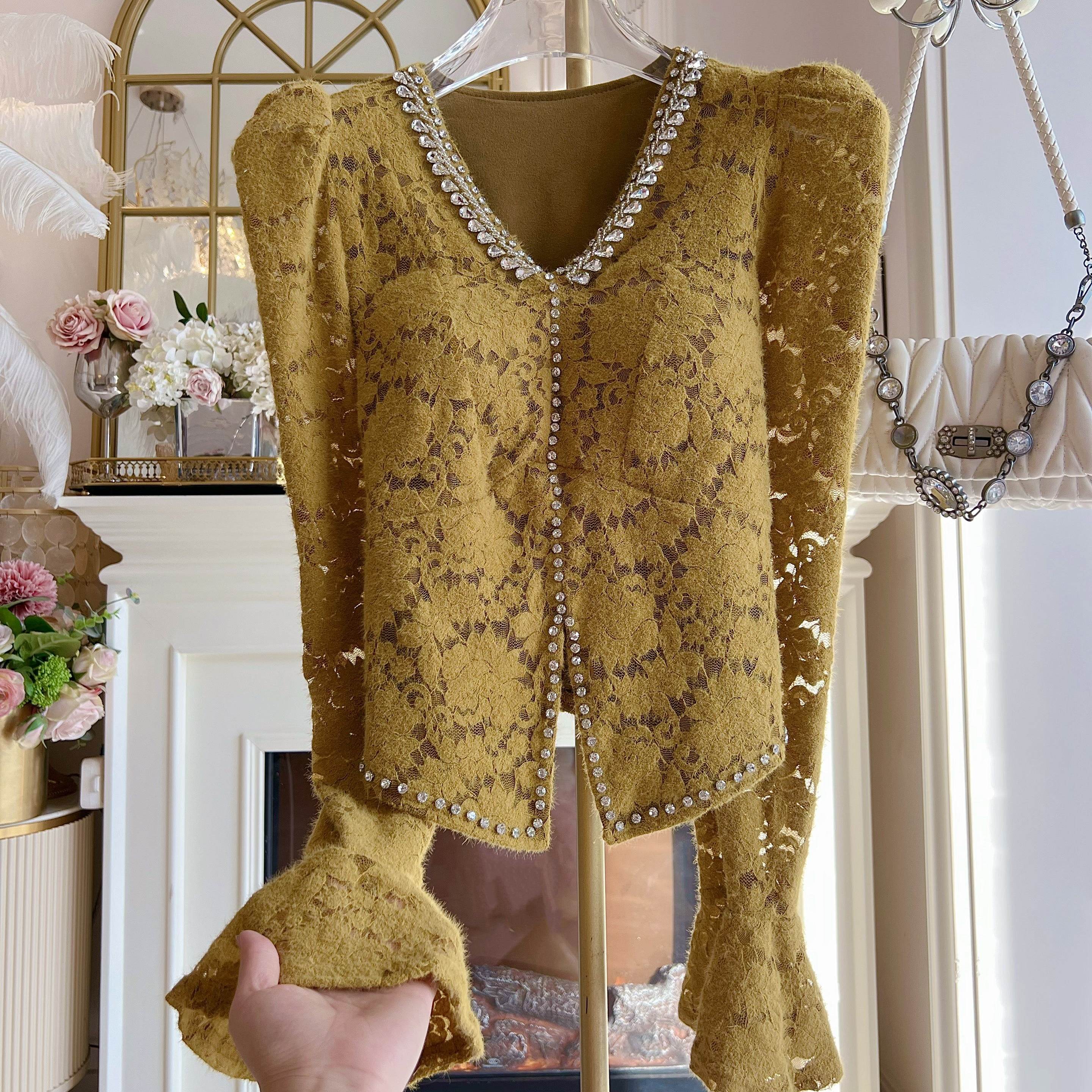 名媛风气质喇叭袖羊绒蕾丝衫加绒加厚修身显瘦v领气质弹力小衫女