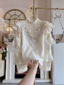 韩国设计感重工镶钻雪纺衫 女2025年原创荷叶边流苏荷叶边长袖 衬衣
