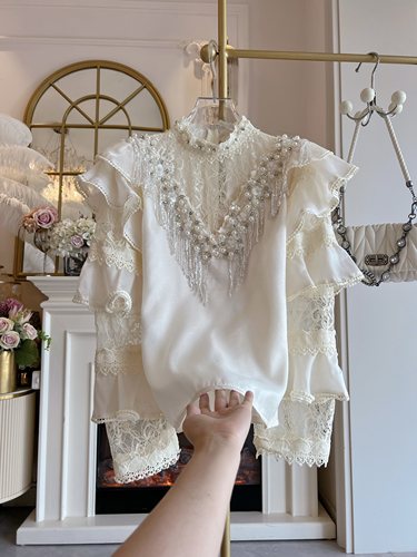 韩国设计感重工镶钻雪纺衫女2025年原创荷叶边流苏荷叶边长袖衬衣
