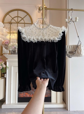 2025年秋季原创重工镶钻长袖荷叶边名媛风衬衣气质假两件丝绒上衣