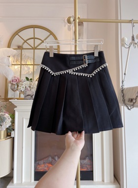 2025年秋季新款重工镶钻高腰显瘦百褶半身裙女黑色A字裙短裙女装