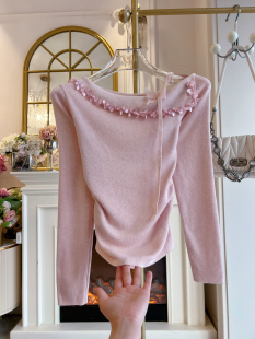 T恤女打底衫 2026年春季 纯欲风蕾丝蝴蝶系带斜肩针织长袖 法式 新款