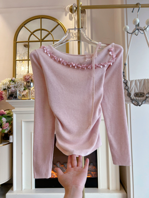 2026年春季新款法式纯欲风蕾丝蝴蝶系带斜肩针织长袖T恤女打底衫