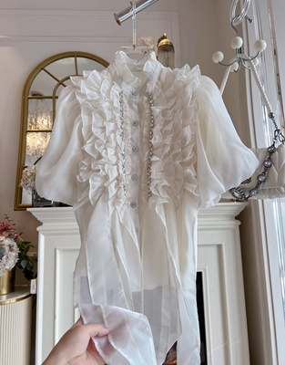 轻奢宫廷风立领镶钻飘带泡泡袖衬衫女夏季甜美百搭单排扣别致上衣