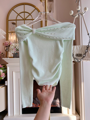 2026年春季新款法式纯欲风一字肩珍珠针织衫长袖打底衫t恤上衣女