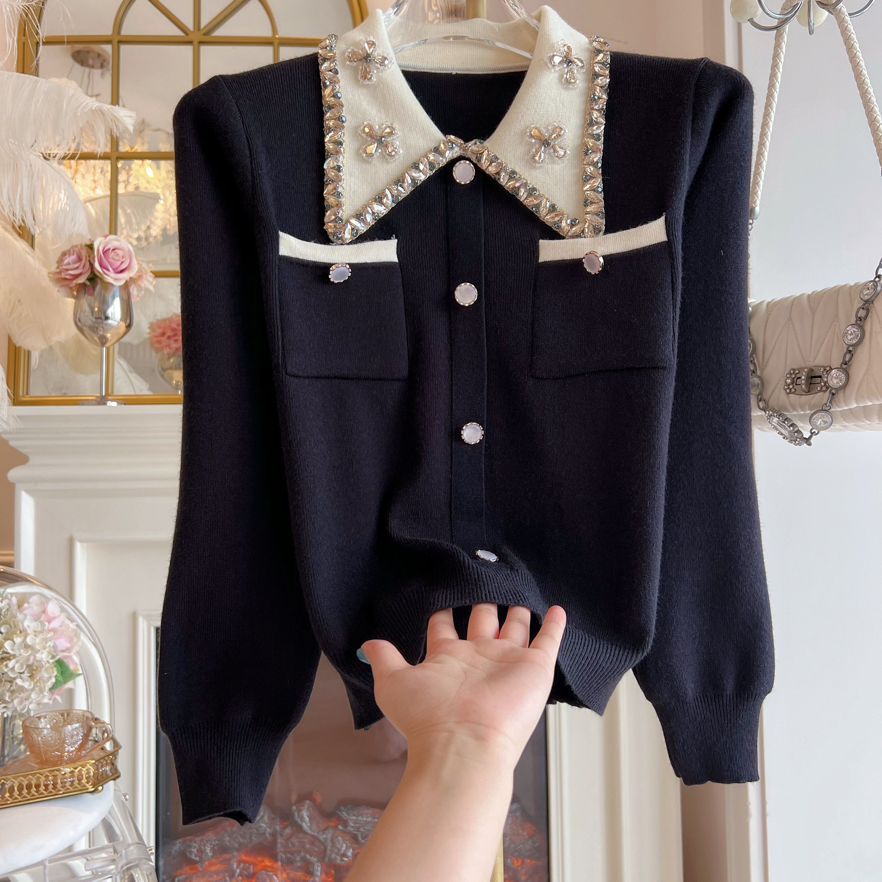 小香风黑色针织开衫女装2025年秋冬新款宽松套头翻领气质毛衣外套,女装/女士精品,毛针织衫,淘宝优惠券,粉丝福利购,淘宝优惠卷