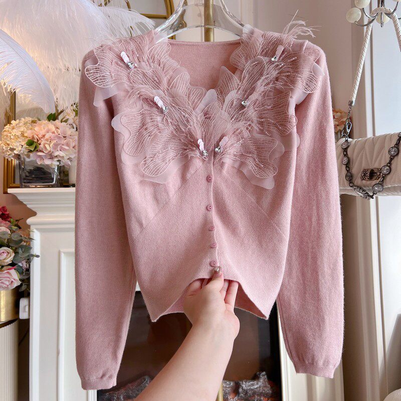 法式优雅针织衫女装2024年设计感重工串珠羽毛羊绒长袖修身毛衣冬