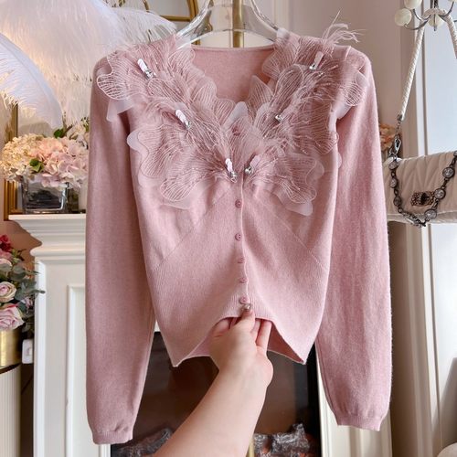 法式优雅针织衫女装2024年设计感重工串珠羽毛羊绒长袖修身毛衣冬