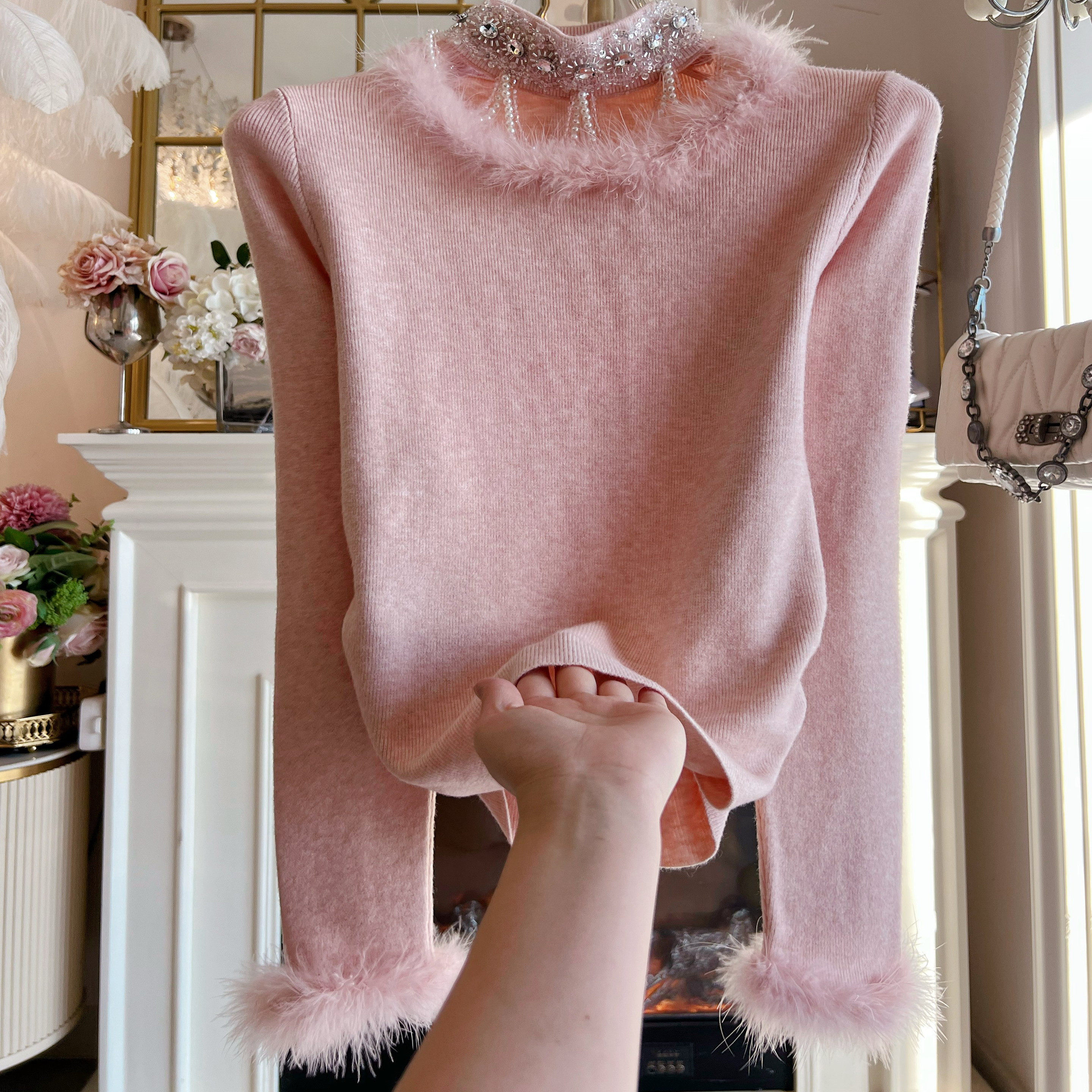 名媛风气质挂脖流苏镶钻针织衫上衣女装设计感性感辣妹打底衫毛衣