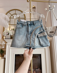 2025年夏季高腰显瘦不规则复古牛仔短裤重工镶钻气质半身裙裤裙女