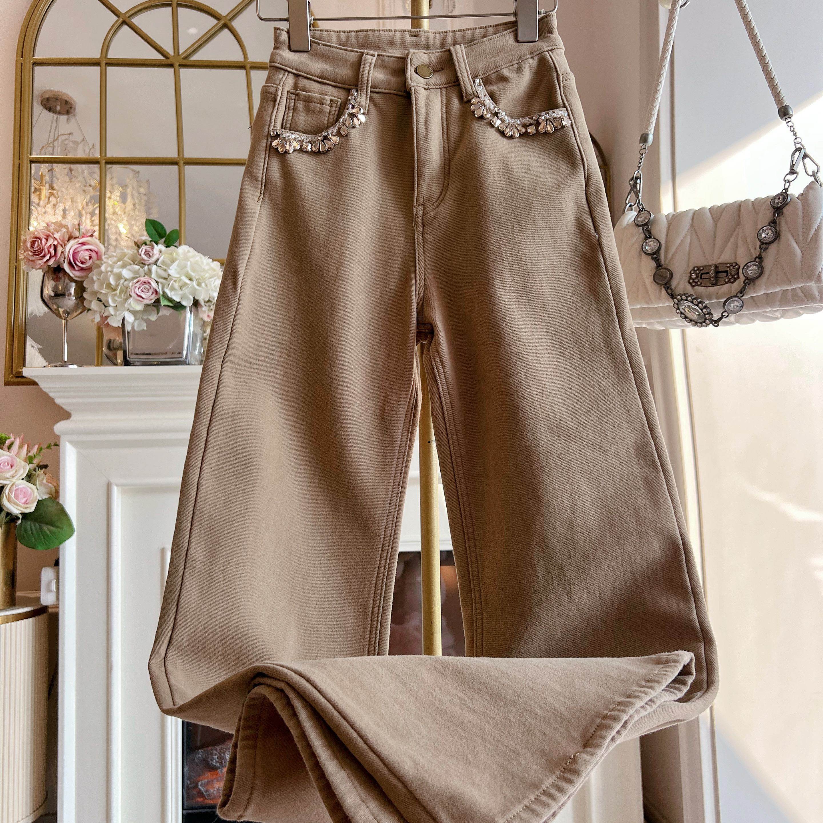 2025年冬季新款重工镶钻直筒裤长裤高腰显瘦气质复古时尚牛仔裤女