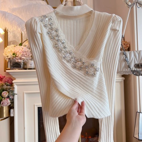 羊绒温柔风针织衫女装2024年冬季不规则交叉修身气质优雅长袖毛衣