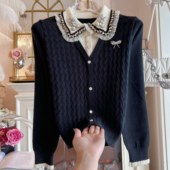 2025年秋冬重工镶钻娃娃领假两件毛衣宽松套头长袖 女装 针织衫 开衫