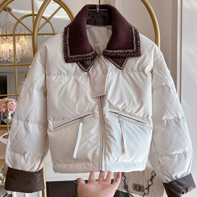 2025年秋冬pu皮重工镶钻针织翻领羽绒服外套女短款免洗加厚面包服