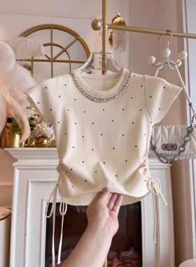 法式优雅冰丝打底衫上衣女装设计感重工镶钻修身显瘦波点短袖T恤