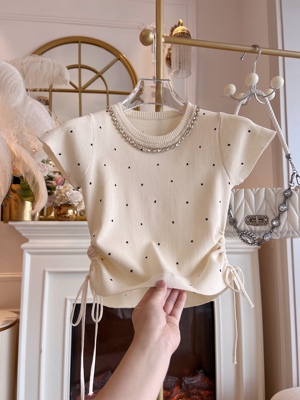 法式优雅冰丝打底衫上衣女装设计感重工镶钻修身显瘦波点短袖T恤