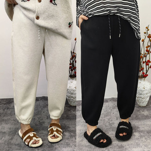 束脚松紧腰休闲裤 冬季 胖mm宽松显瘦加厚加绒毛呢直筒裤 大码 女 新款