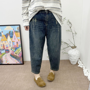 大码 萝卜裤 260斤胖mm宽松显瘦弹力个性 牛仔裤 女 破洞老爹裤 秋新款