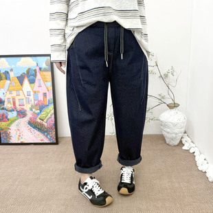 深蓝色长裤 大码 宽松显瘦直筒裤 胖mm250斤加厚加绒老爹牛仔裤 女裤