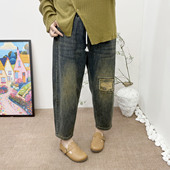 秋新款 老爹裤 大码 200斤胖mm宽松显瘦弹力复古做旧破洞补丁牛仔裤