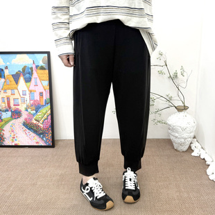 休闲卫裤 垂坠不起皱大码 高腰束脚运动裤 胖mm宽松显瘦黑色薄款 女裤