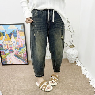 怀旧色直筒牛仔裤 240斤胖mm宽松显瘦松紧腰老爹裤 女 大码 春秋新款