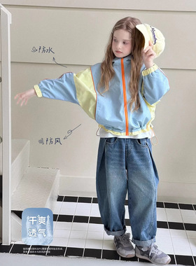 春季亲子童装女童春季新款拼色三防冲锋衣外套休闲宽松儿童外套