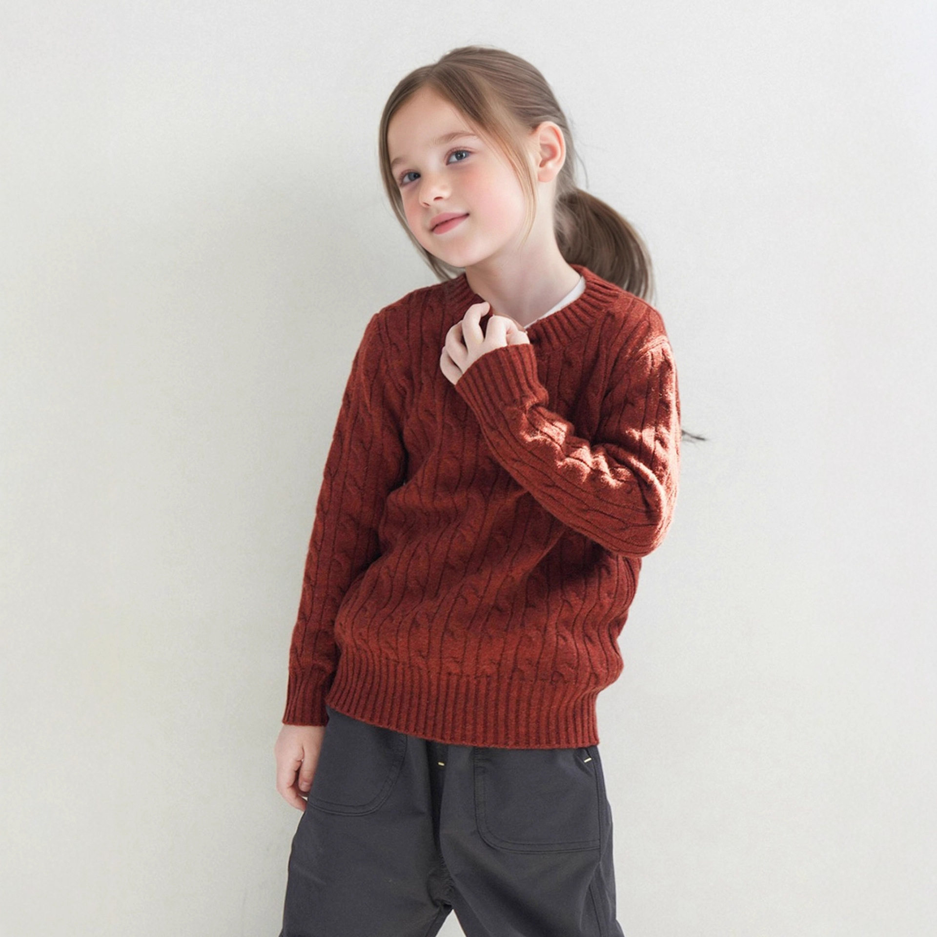 秋冬儿童羊毛针织衫男童女童圆领麻花纯色套头打底衫宝宝毛衣童装