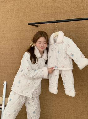 儿童亲子装棉服秋冬新款碎花套装男女童加棉加厚绒印花保暖家居服