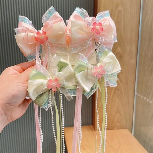 儿童甜美长飘带珠珠流苏发夹女