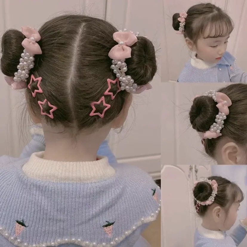 亲子款儿童丸子头发饰不伤发公主蝴蝶结珍珠发圈小女孩粉红色头饰
