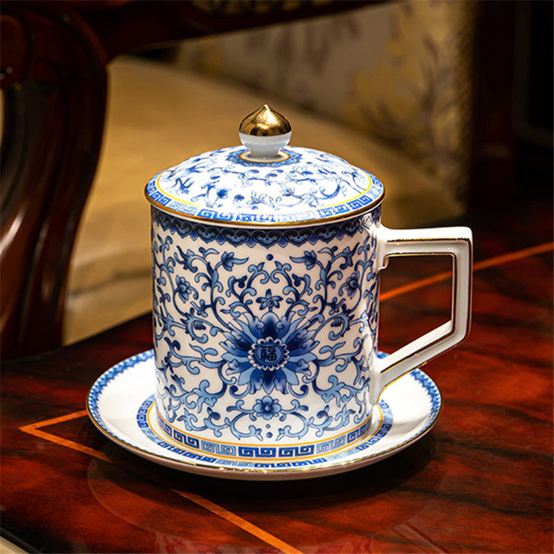 景德镇青花陶瓷水杯大容量茶杯带盖珐琅彩会议办公杯马克杯送礼品