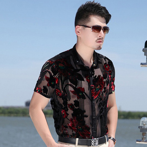 尊信国际花红卉雅黑色丝绒提花短袖衬衣艺术型男植绒休闲短袖衬衫