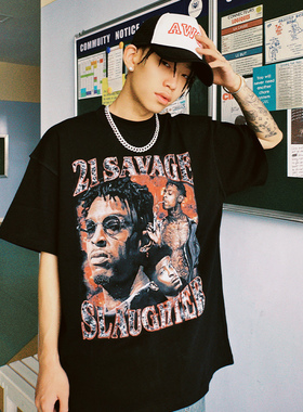 ZOODATE 21Savage美式嘻哈复古潮流印花重磅小领口圆领宽松短袖