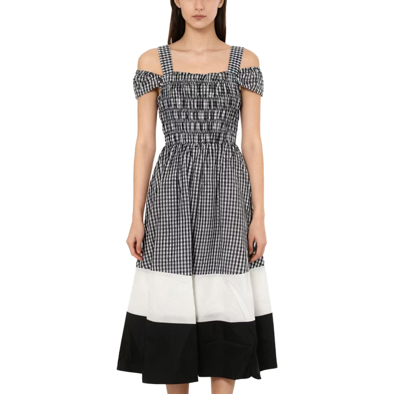 【D玛纳】格纹拼接无袖连衣裙优雅气质清凉简约修身显瘦DMA464