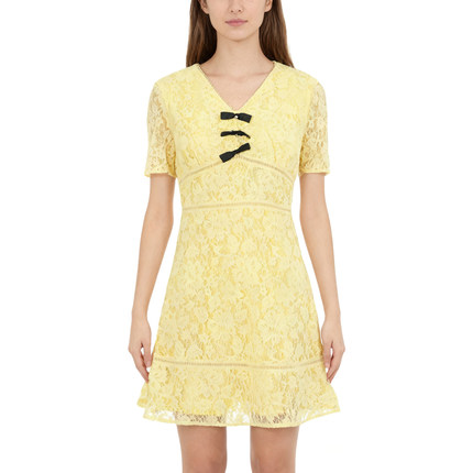【恋】淑女短袖连衣裙V领蕾丝绣花气质优雅收腰显瘦名媛范YL976