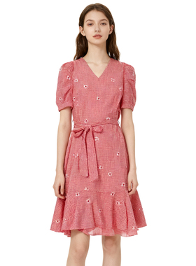 RM系列-时尚气质简约透气粉色格子系带连衣裙显瘦YL935