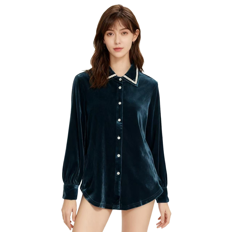 【D玛纳】丝绒衬衫撞色时尚简约宽松优雅气质休闲舒适百搭DMA293