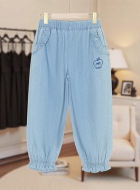 【马】儿童花边口袋九分水洗牛仔裤纯色口袋设计休闲文艺范MA310