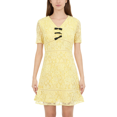 RM系列-时尚气质简约舒适透气黄色蕾丝连衣裙显瘦设计YL976