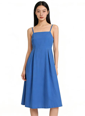 SP系列-时尚气质简约蓝色吊带连衣裙显瘦百搭款P744