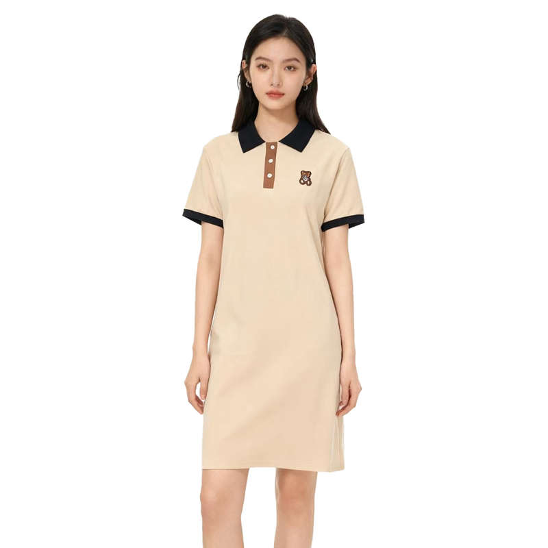 【D玛纳】时尚短袖连衣裙拼色polo领中长款清凉休闲舒适DMA460