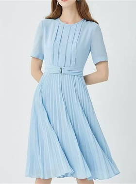 SF系列-淑女浅蓝色百褶短袖连衣裙显瘦优雅SF136