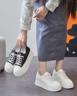 温州真皮逢喜鸟秋款小白鞋女鞋发泡底高底厚底内增高轻便休闲鞋
