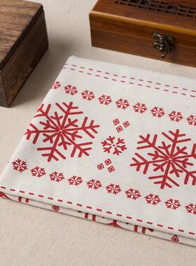 亚麻布料冬日雪花印花棉麻布料欧美手工日韩桌布门帘沙发布麻面料